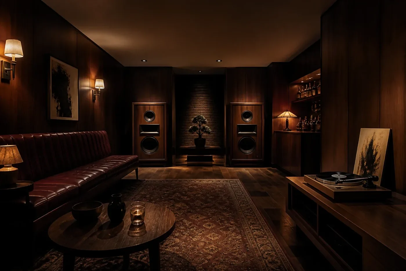 Nightjar Listening Room 網站預覽，展示溫馨的聆聽空間、喇叭與黑膠唱盤。