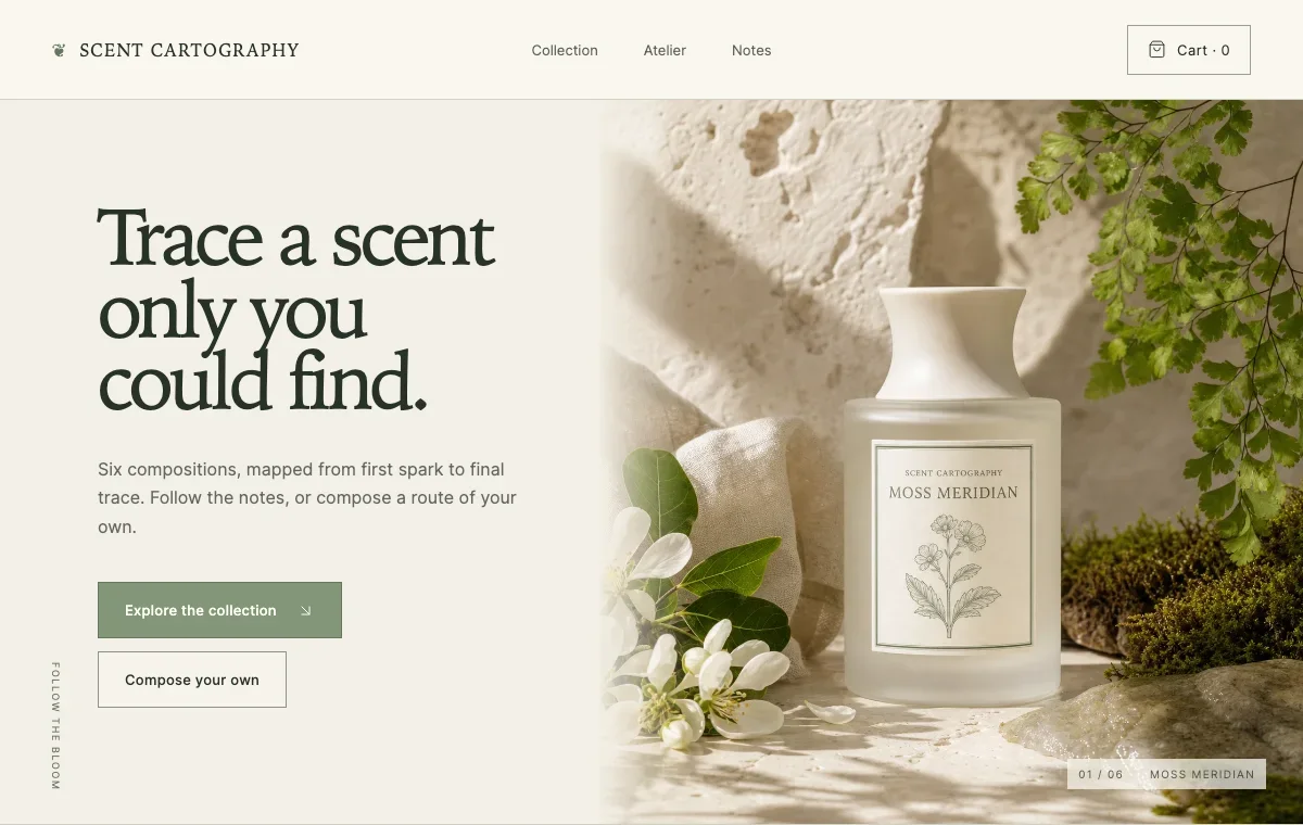 Scent Cartography 網站預覽，展示香水瓶與植物造景。