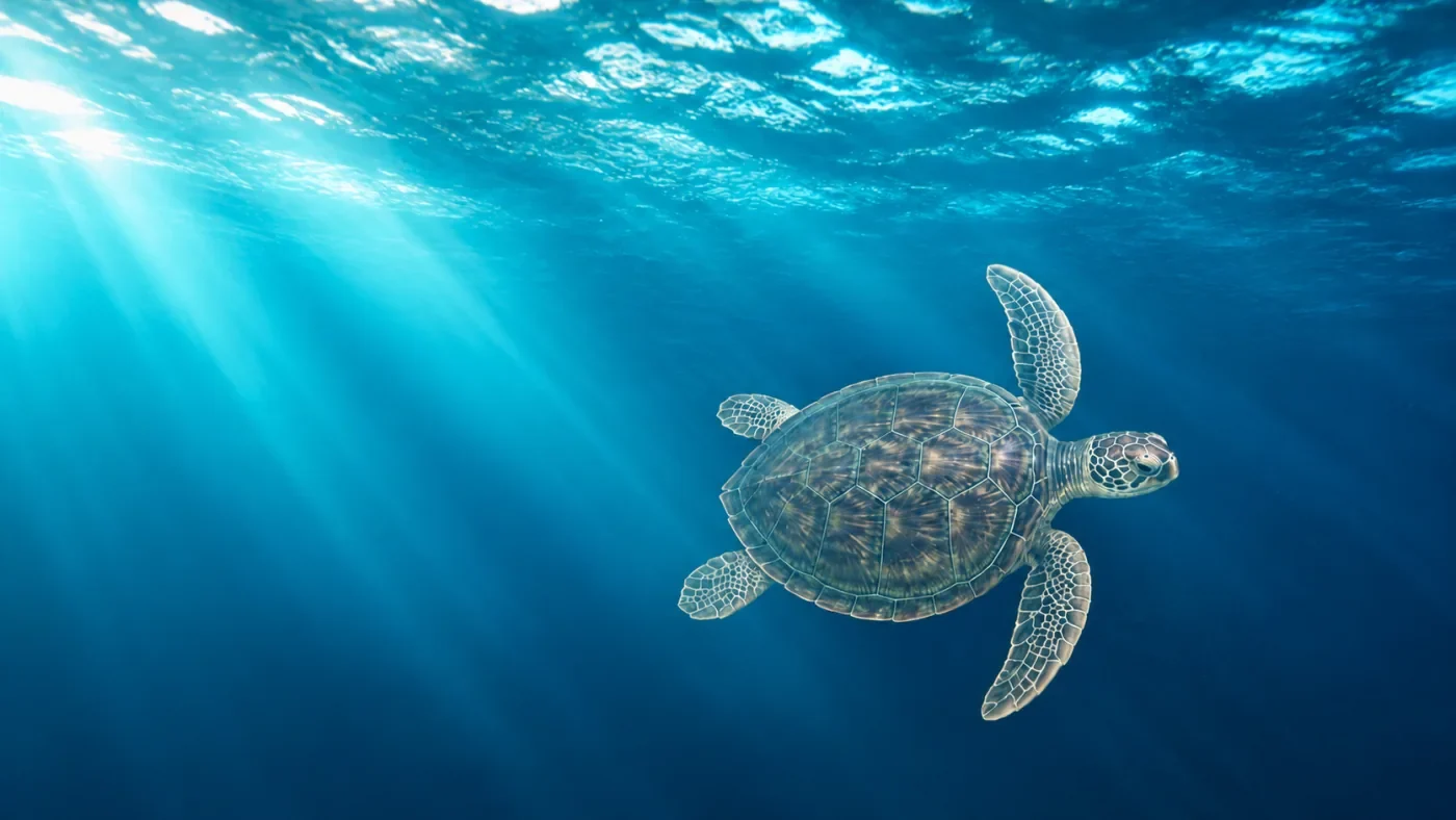 「海面之下」網站預覽，一隻海龜正在水中悠游。