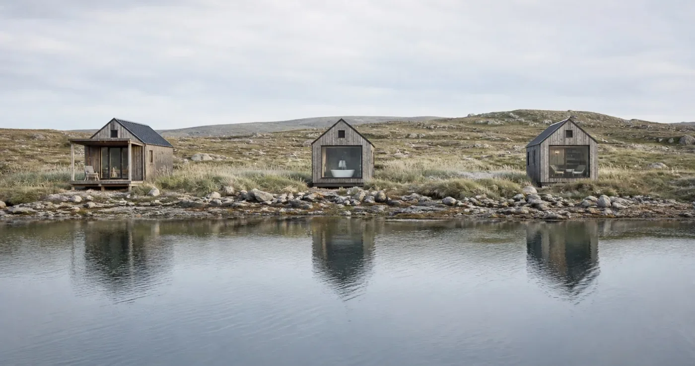 Tidal House 網站預覽，水畔小屋倒映在平靜的水面上。