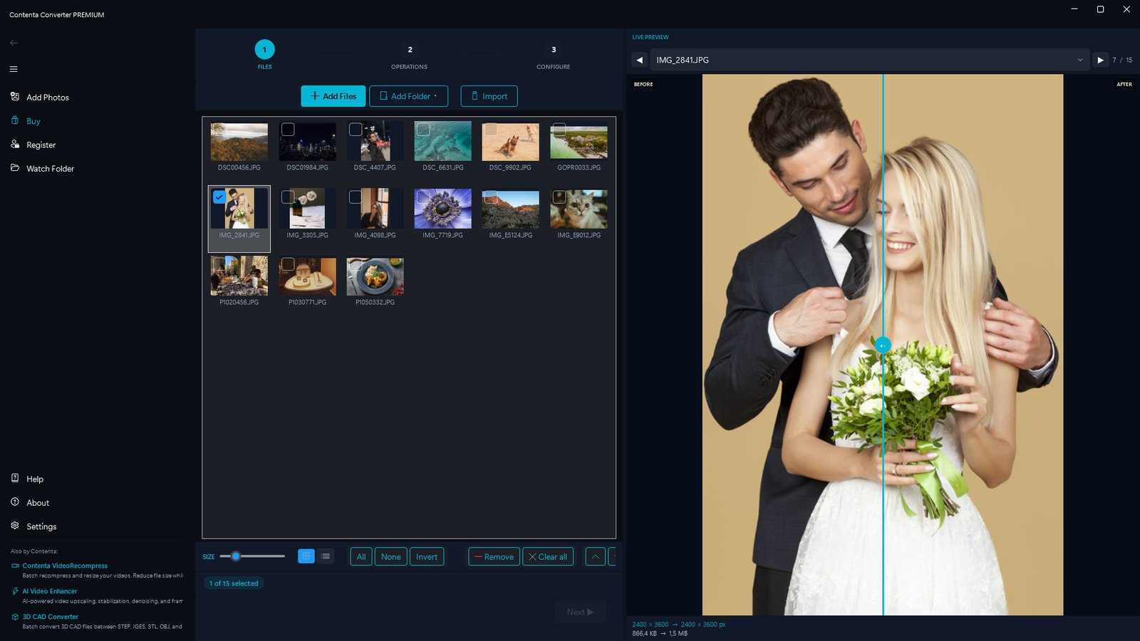 Contenta Converter file list showing a batch of photos loaded and ready to convert