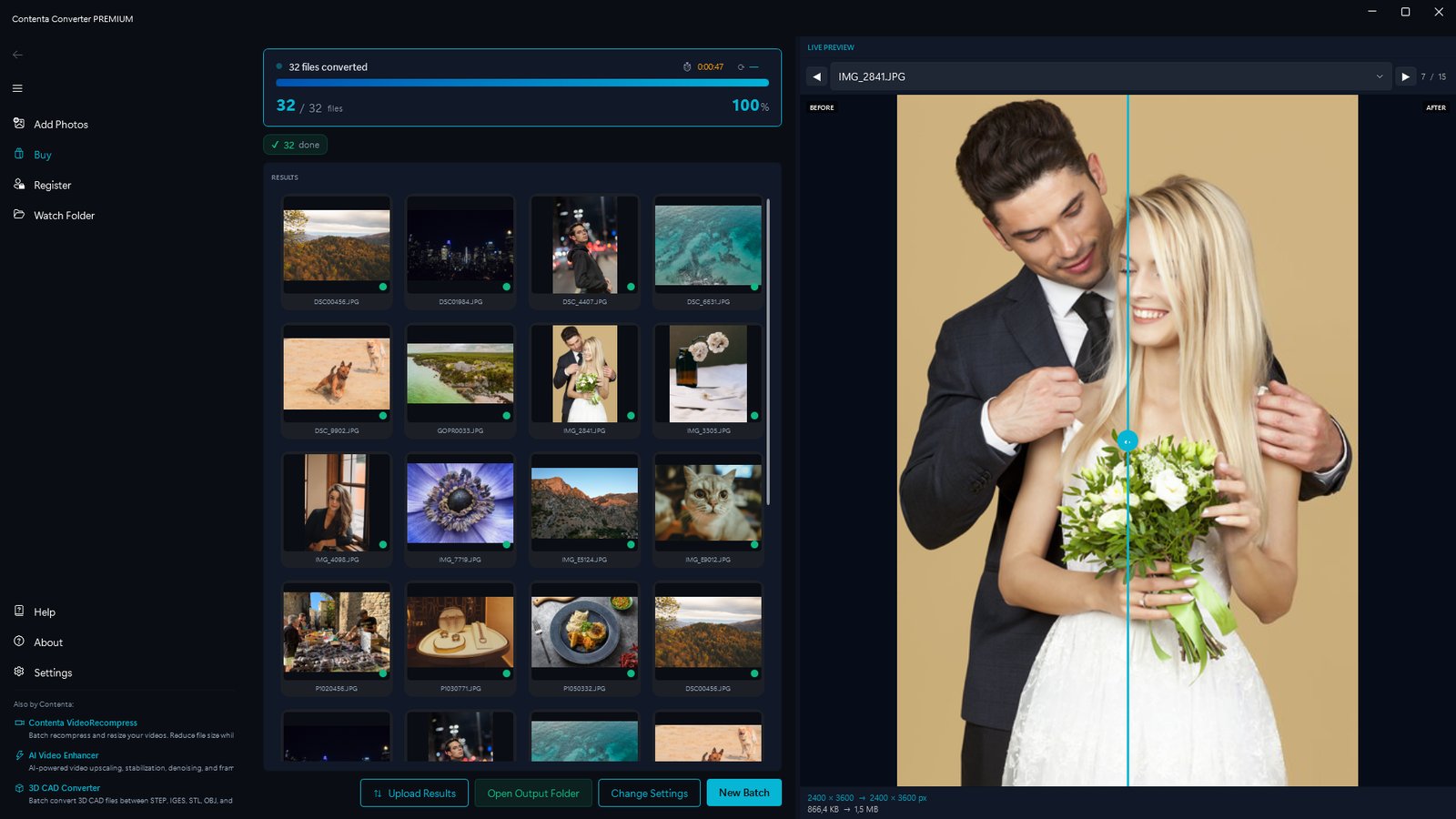 Contenta Converter completed batch screen showing all files converted successfully