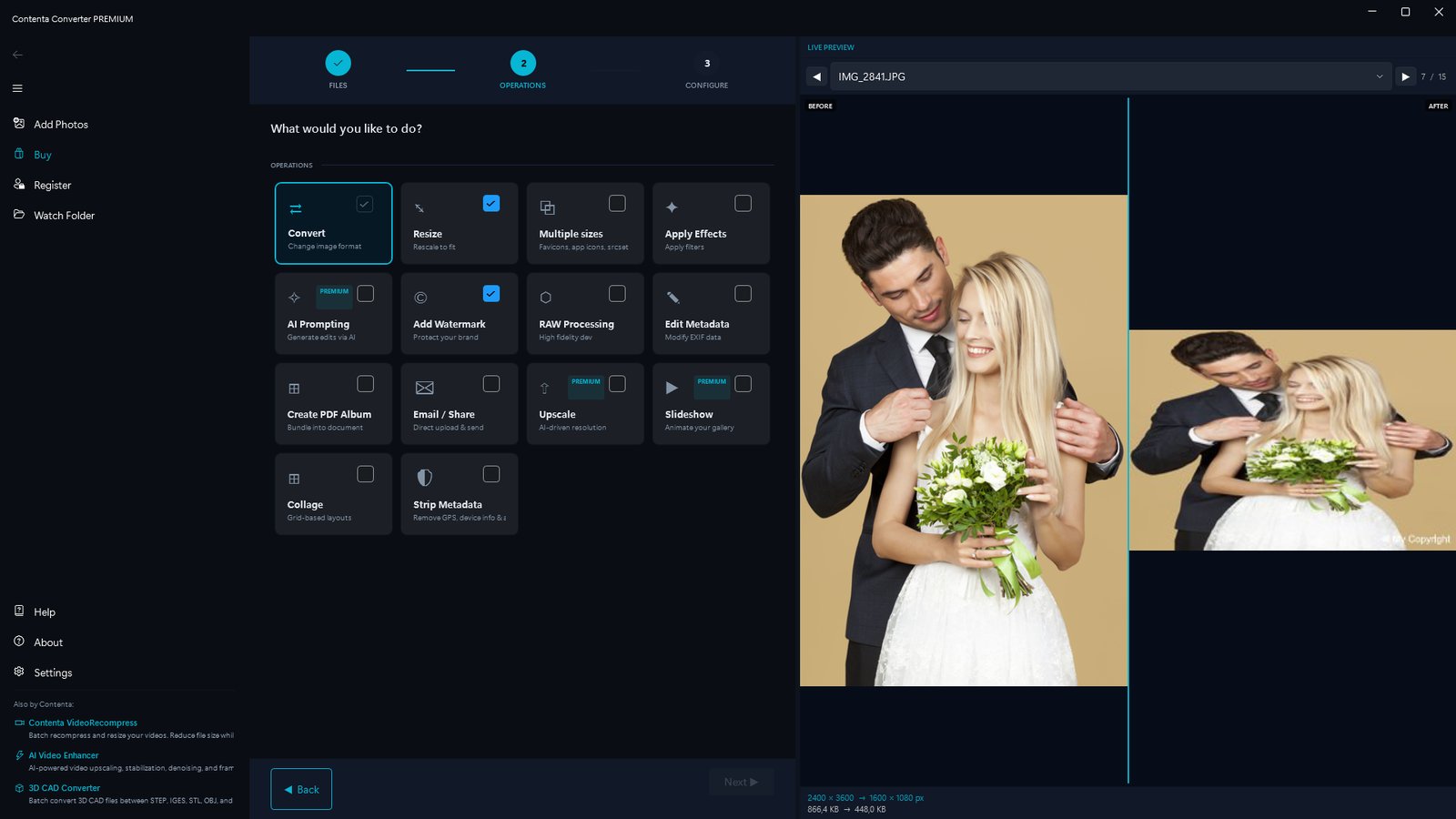 Contenta Converter operations screen showing Convert, Resize, Watermark and other batch options