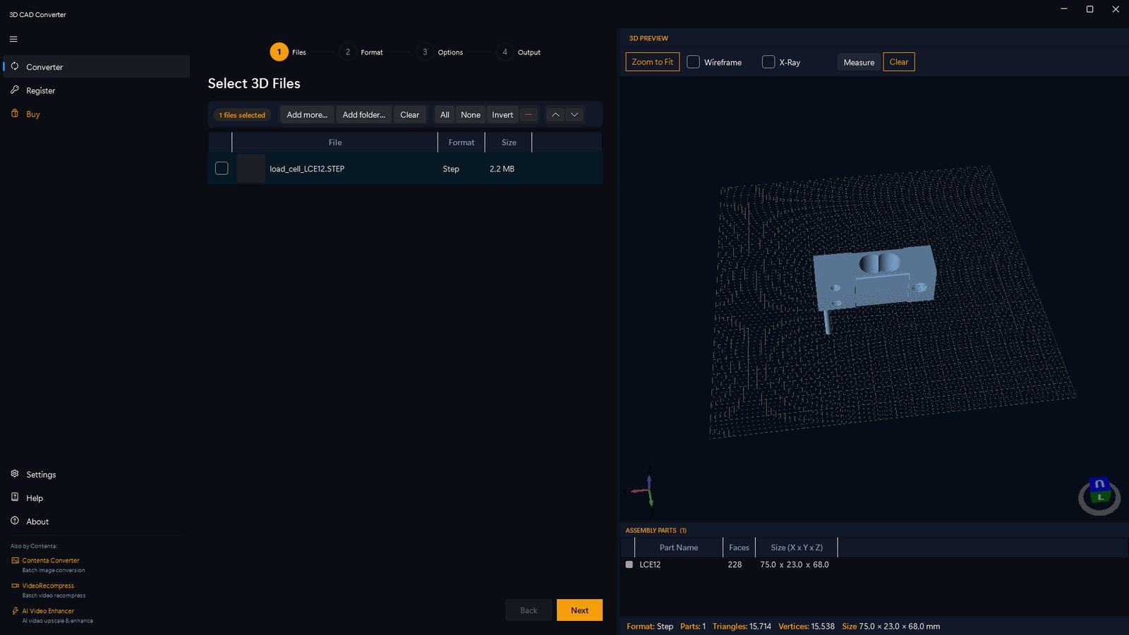 3D CAD Converter application showing a STEP assembly loaded in the live 3D preview pane