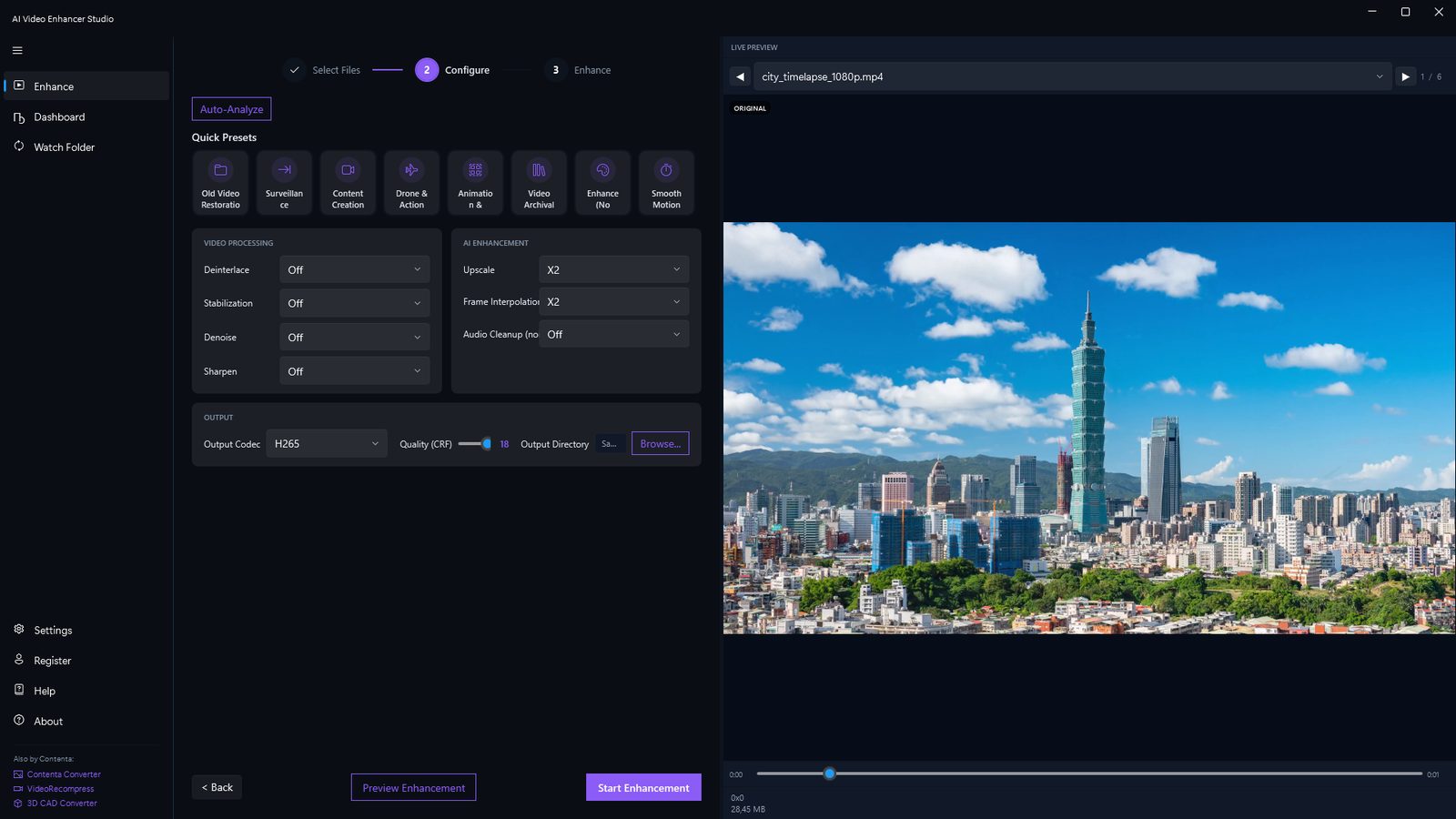 AI Video Enhancer Studio — étape de configuration avec les réglages de suréchantillonnage, débruitage et interpolation d'images